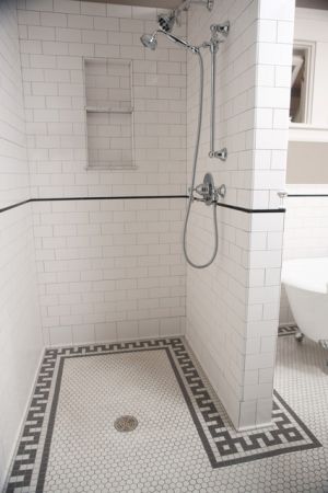 White and grey Greek key pattern - tile flooring - bathroom showe.jpg